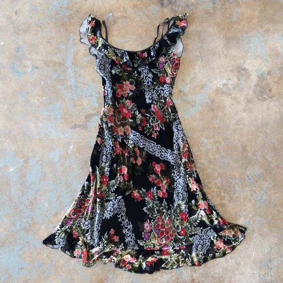 Betsey Johnson Dresses & Skirts - Betsey Johnson Vintage 90s Velvet Midi Dress Size 4 Black Floral Milkmaid Fairy
